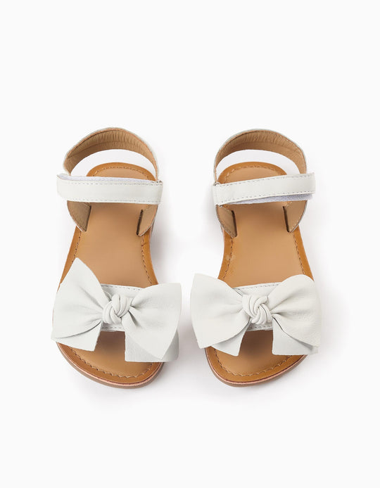 Leather Sandals with Bow for Girls, White