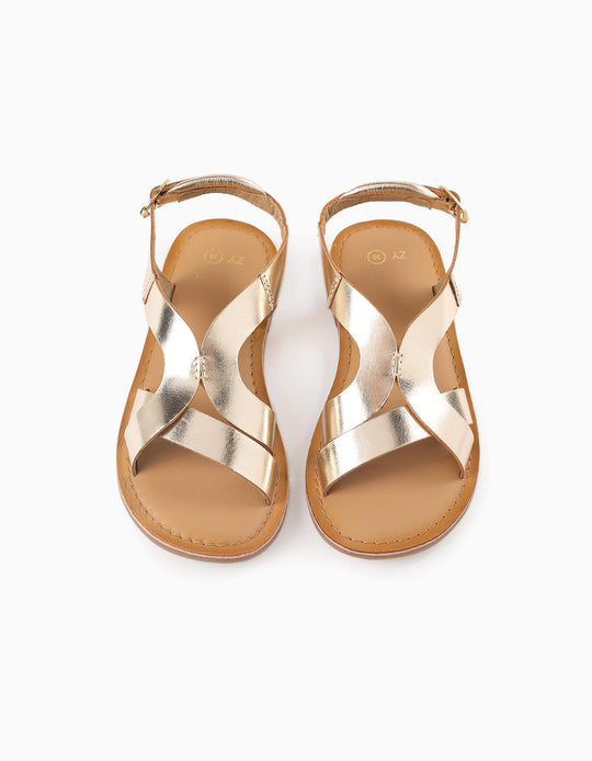 صندل جلد بحزام للبنات، ذهبي