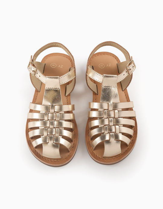 صندل جلد بحزام للبنات، ذهبي