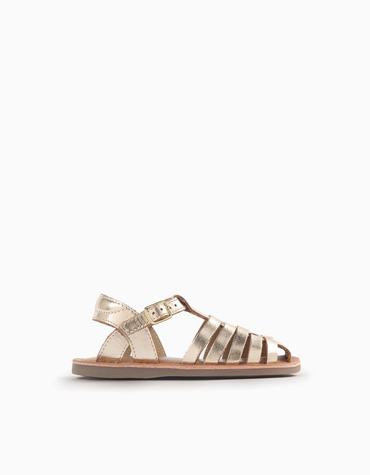 صندل جلد بحزام للمواليد البنات، ذهبي