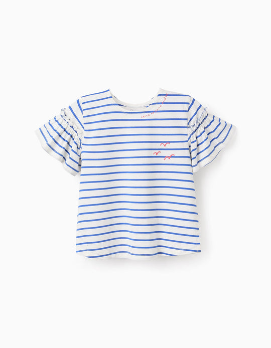 تيشيرت قطن مخطط للفتيات "Seven Waves"، أبيض/أزرق