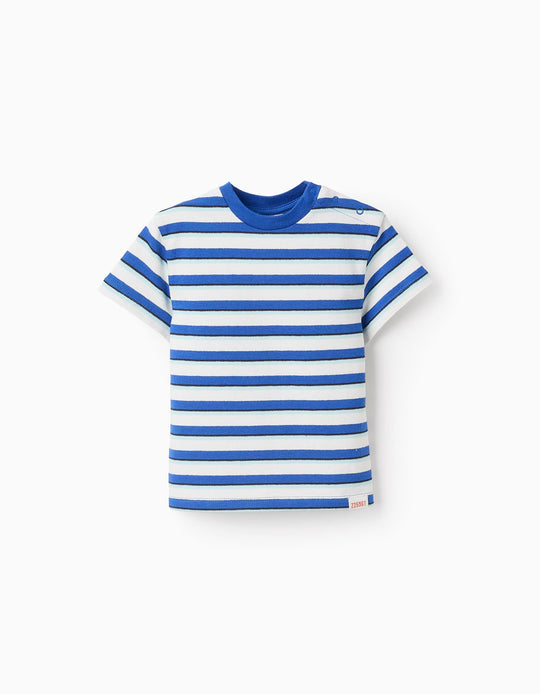 Striped Cotton Piqué T-shirt for Baby Boys, White/Blue