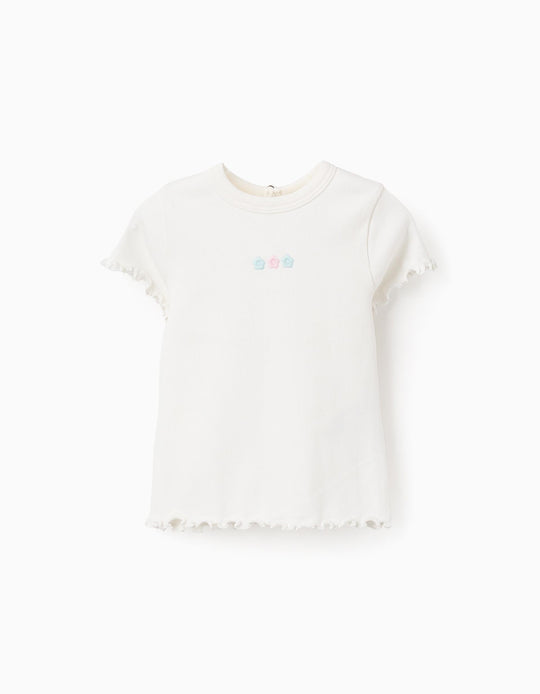 تيشيرت مضلع بنهاية متموجة للرضع البنات، أبيض