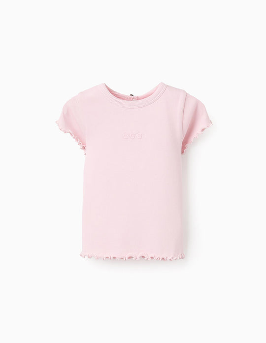 Ribbed T-shirt with Wavy Finish for Baby Girls, Pink