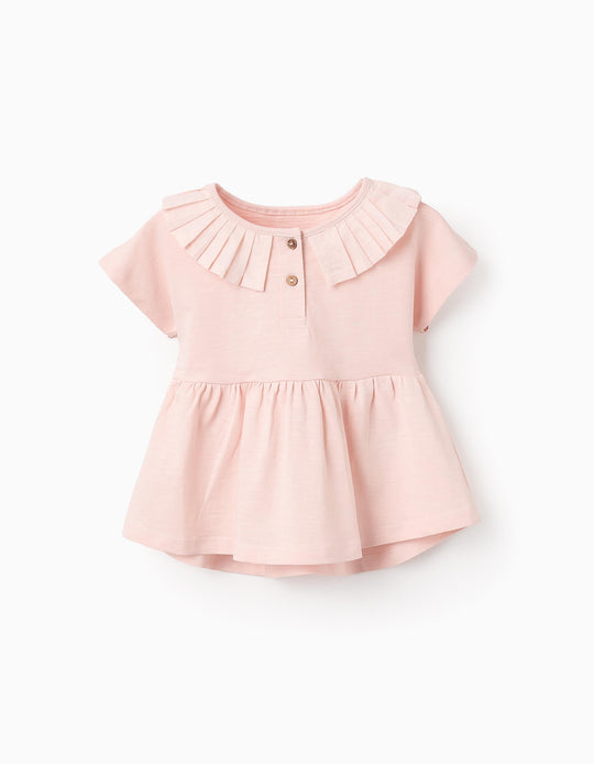 Cotton T-shirt with Pleated Collar and Frills for Baby Girls, Pink