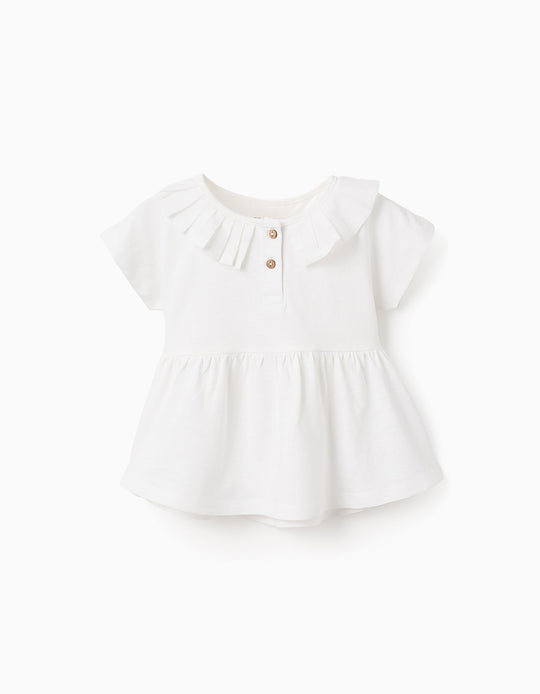 Cotton T-shirt with Pleated Collar and Ruffles for Baby Girls, White