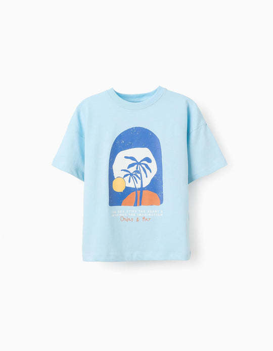 تيشيرت قطني للأولاد أمواج وبحر، أزرق فاتح
