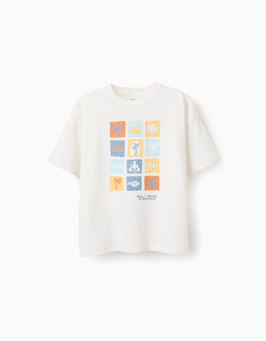 تيشيرت قطني للأولاد شمس، بحر ومأكولات بحرية، أبيض