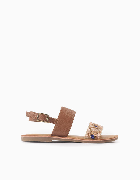 Leather Sandals with Beads for Girls, Camel