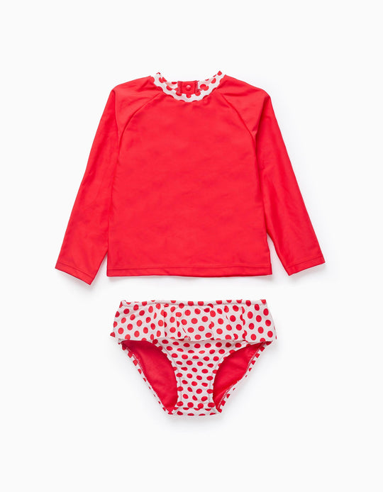 Long Sleeve Swimsuit for Girls, White/Red