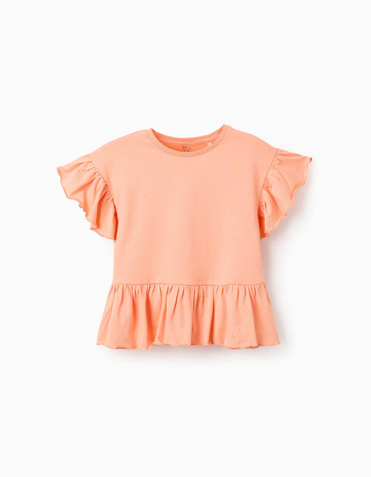 Cotton T-shirt with Ruffles for Girls, Coral