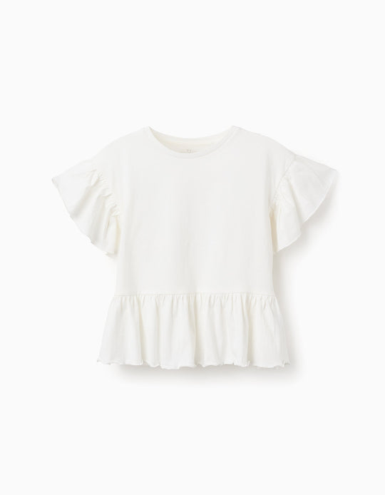 Cotton T-shirt with Ruffles for Girls, White