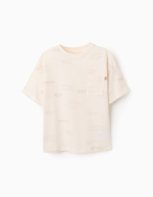 Cotton T-shirt with Pattern for Boys 'Herringbone', Beige