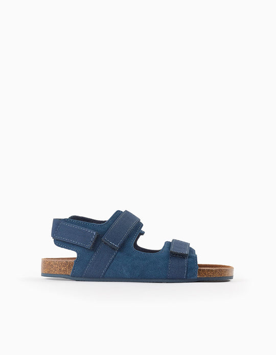 Leather Sandals with Cork Sole for Boys, Dark Blue