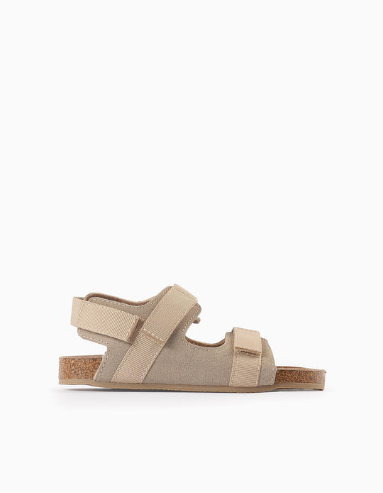 Leather Sandals with Cork Sole for Boys, Beige
