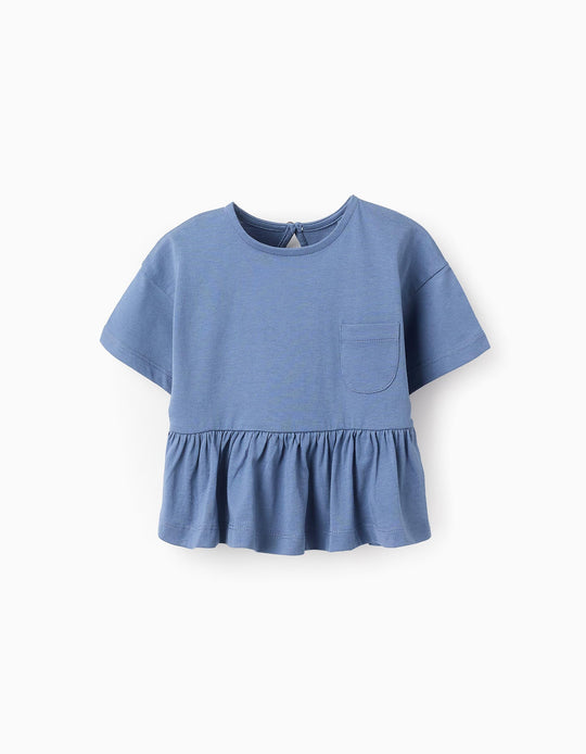 تيشيرت بجيب بكشكش للبنات الرضع، أزرق