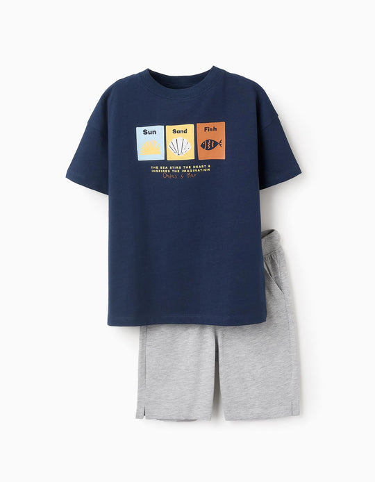 Cotton T-shirt + Shorts for Boys 'Waves & Sea', Blue/Grey