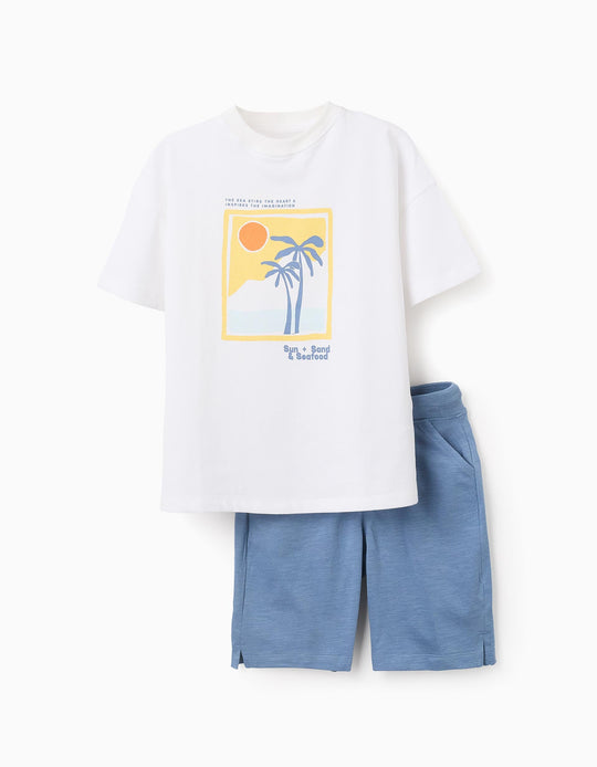 Cotton T-shirt + Shorts for Boys 'Sun & Sand', White/Blue