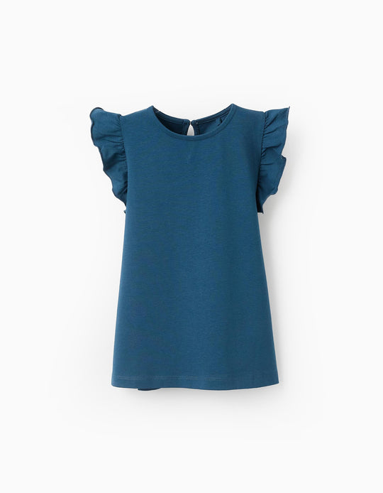 توب بكتف مكشكش للبنات، أزرق داكن