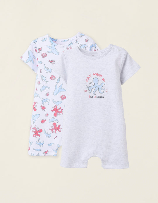 عبوة 2 بيجامة قطنية رومبر للأولاد الرضع Octopus، أبيض/رمادي