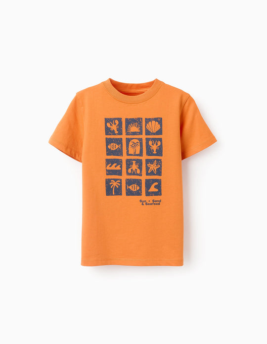 تيشيرت قطني للأولاد صيف، برتقالي