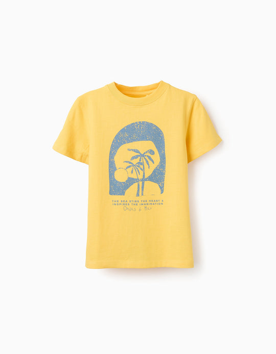تيشيرت قطني للأولاد أمواج وبحر، أصفر