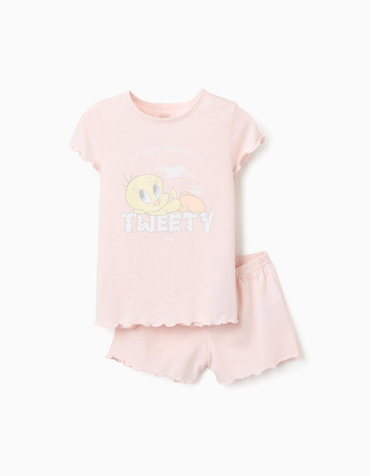 طقم بيجاما قطن تيشيرت + شورت للبنات تويتي، وردي فاتح