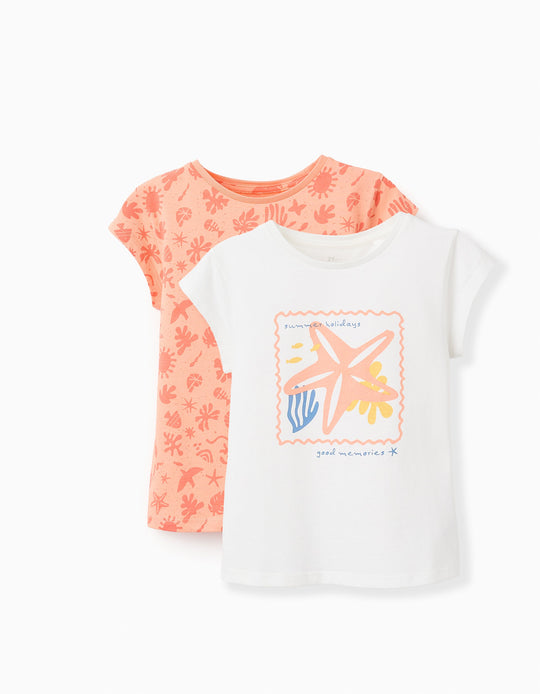 عبوة 2 تيشيرت قطني للبنات، صيف، كورال/أبيض
