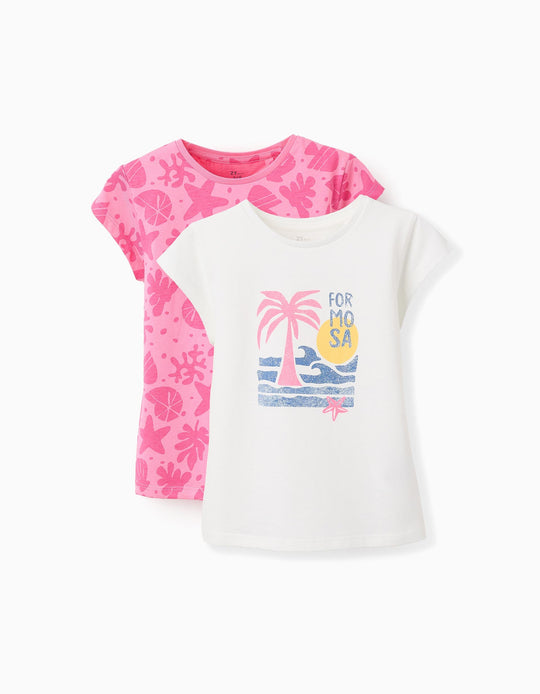 عبوة 2 تيشيرت قطني للبنات، كحلي/وردي وأبيض