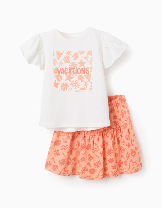 T-shirt + Skirt with Motif for Girls 'Vacations', Coral/White