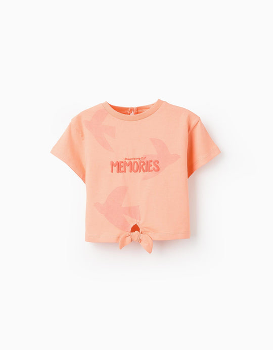 Cotton T-shirt with Knot for Baby Girls 'Summer Memories', Coral