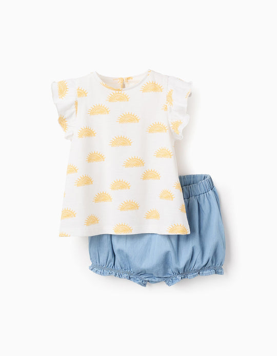 طقم تيشيرت + شورت قطني للبنات الرضع Sun، أبيض/أزرق
