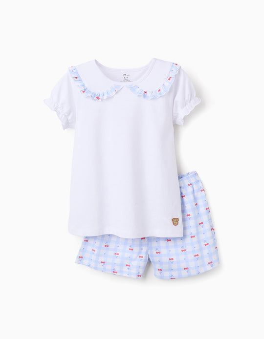 Cotton Pyjama with Frills for Girls 'Cherries', White/Blue