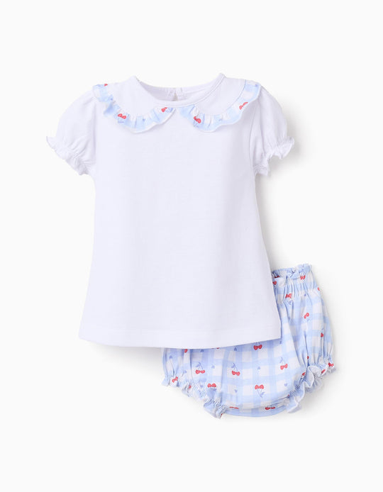 بيجاما قطن بكشاكش للبنات الرضع كرز، أبيض/أزرق