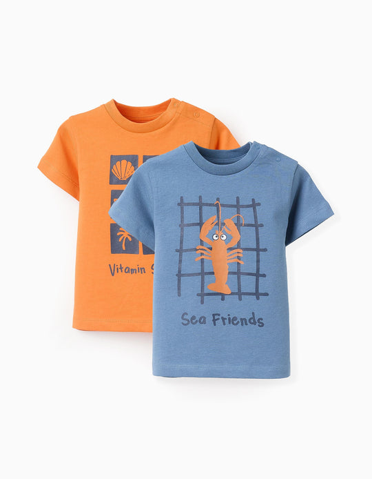 عبوة 2 تيشيرت قطني للأولاد الرضع Sea Friends، أزرق/برتقالي