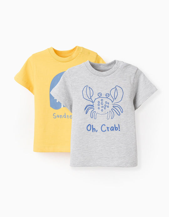 عبوة 2 تيشيرت قطني للأولاد الرضع Sundream، رمادي/أصفر