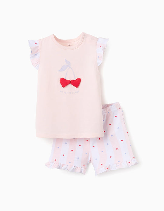 Cotton Pyjama with Frills for Baby Girls 'Cherries', White/Pink