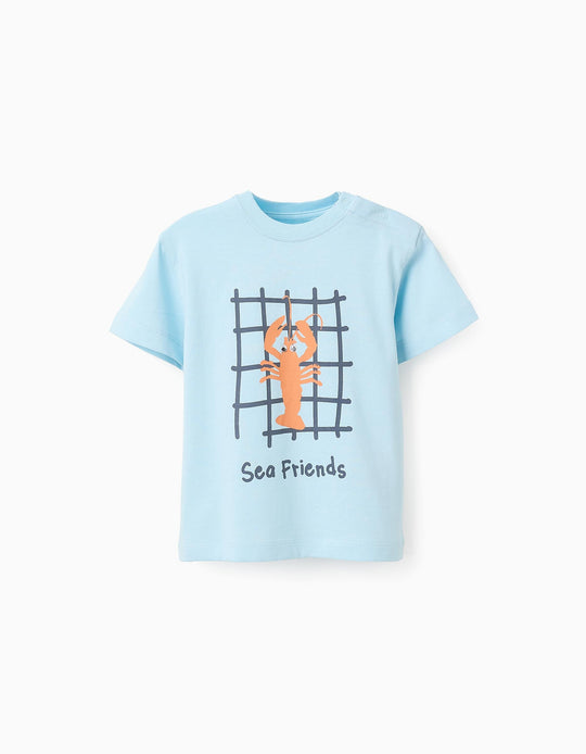 تيشيرت قطني بتفاصيل ثلاثية الأبعاد للأولاد الرضع لوبستر، أزرق