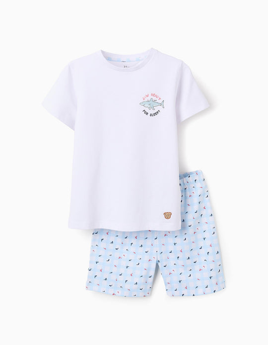 Cotton Pyjama with Check for Boys 'Shark', White/Blue