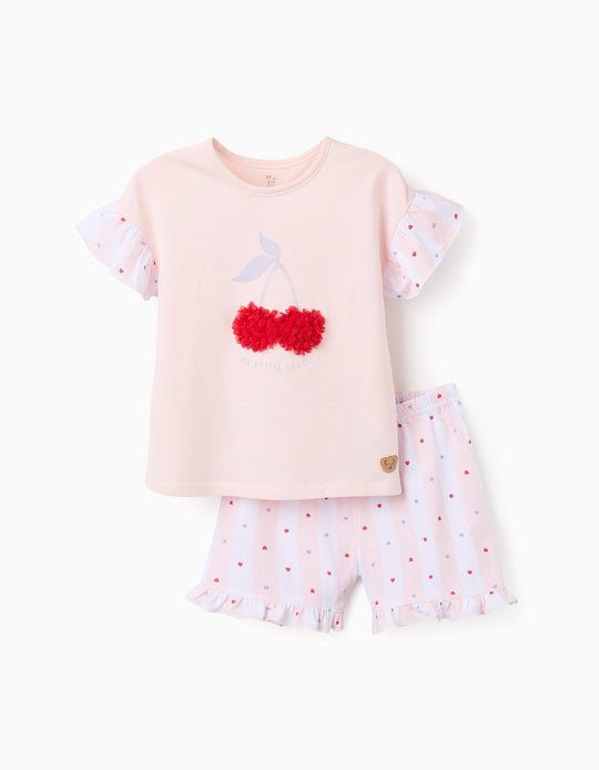 بيجاما قطن بكشاكش ورسمة للبنات، وردي/أبيض