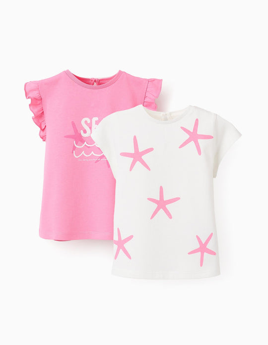 عبوة 2 توب بكشكش للبنات الرضع البحر، أبيض/وردي