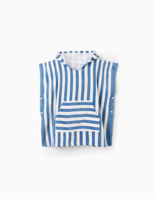 بونشو شاطئ مخطط بغطاء رأس للأولاد، أزرق/أبيض