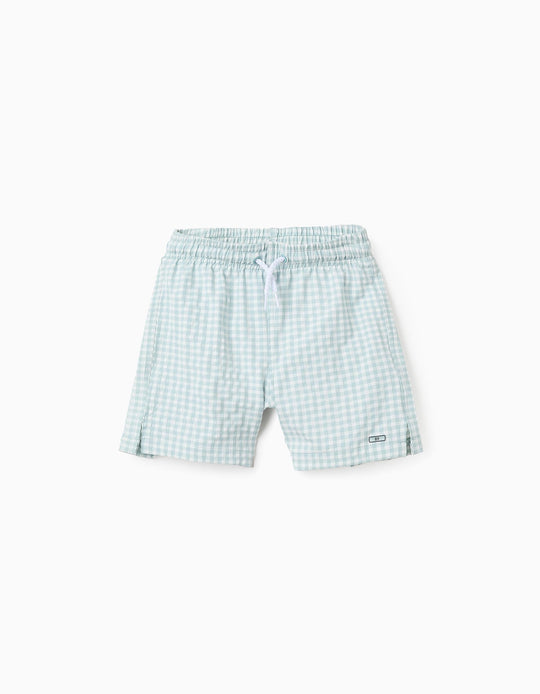 شورت سباحة بنقشة فيشي للأولاد B&S، أبيض/أزرق