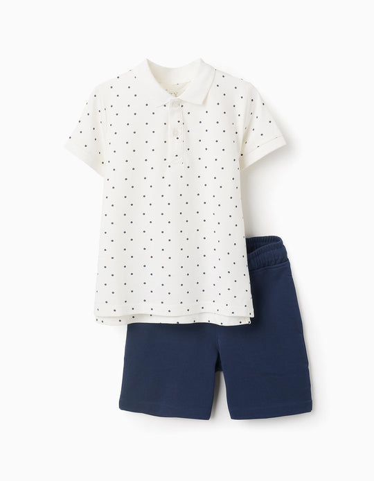 طقم بولو منقط + شورت للأولاد، أبيض/كحلي