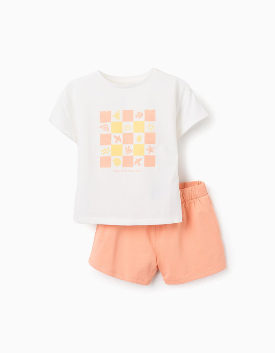 طقم تيشيرت + شورت للبنات Summer، أبيض/مرجاني