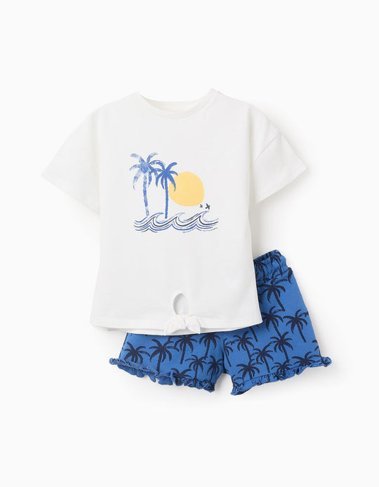 طقم تيشيرت + شورت قطني للبنات نخيل، أبيض/أزرق