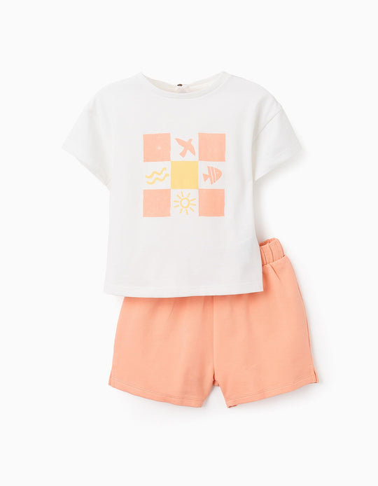 طقم تيشيرت + شورت للبنات الرضع Summer، أبيض/مرجاني