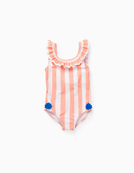 Striped Swimsuit with 3D Shells for Baby Girls, Orange/White