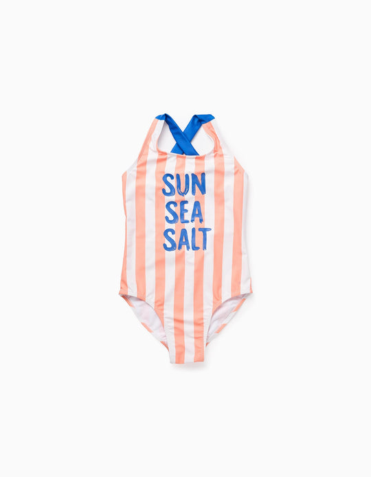 مايوه مخطط للبنات، برتقالي/أبيض