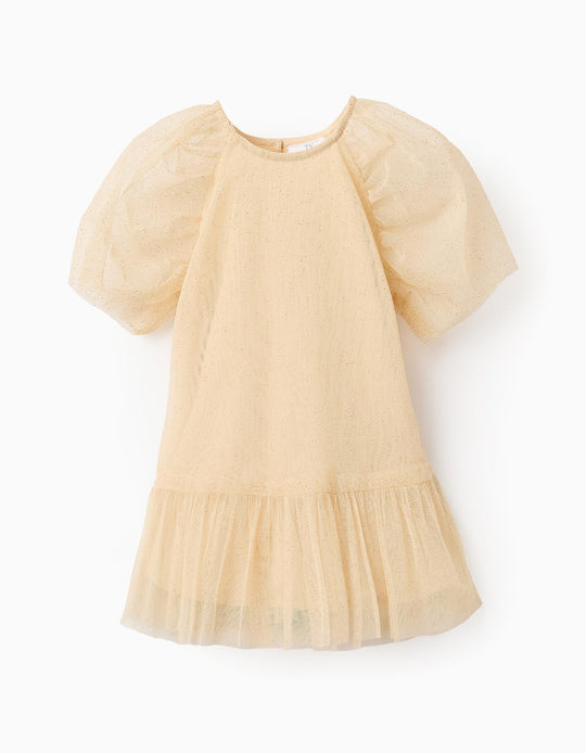 Tulle Dress with Glitter for Baby Girls, Beige